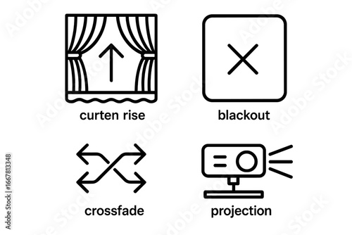 Outline stage transition icon set with curtain rise, blackout, crossfade, and projection symbols for theater scene change, performance cues, vector illustration