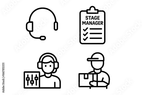 Theater Icon Set of 4 Production and Backstage Roles with Director Headset, Stage Manager Clipboard, Sound Technician, Delivery Person, Vector Outline Illustration