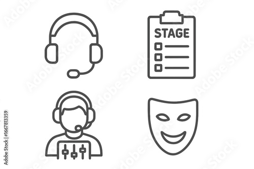 Theater Icon Set Outline Vector of Four Production and Backstage Roles including Director Headset, Stage Manager Clipboard, Sound Technician, and Comedy Mask Symbols