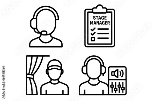 Theater production icon set, outline vector collection of backstage roles including director with headset, stage manager clipboard checklist, sound technician, and curtain operator silhouette