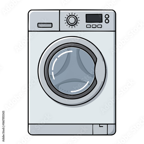 A clean front-loading washing machine with a clear drum outline, presented as a solid color 2D flat vector illustration in a graphic style, isolated on a pure white background.