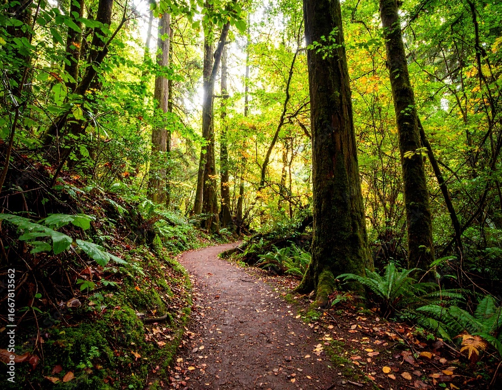Obraz premium Winding trail through lush green forest with ferns and mossy trees