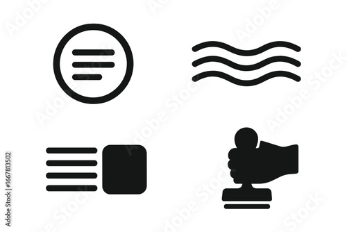 Stamp cancellation icons vector set, solid filled symbols of postal marks, circular postmark, wavy lines, machine cancel, hand stamp, postal mail and delivery concepts, transparent background
