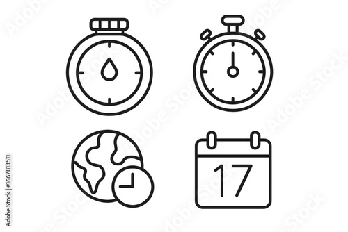 Time Management Icons Vector Set, Outline Stopwatch Countdown Timer, World Clock Globe and Calendar Date, Productivity Tools, Planning and Scheduling Symbols