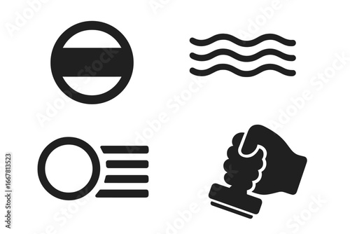 Stamp cancellation icons set, solid filled vector illustration of postmark types including circular, wavy lines, machine cancel, hand stamp, postal marking symbols