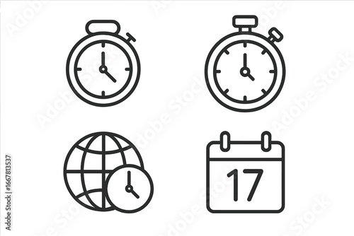 Time management icons set, outline vector illustration of countdown timer, stopwatch, world clock globe, calendar date, productivity and scheduling tools collection