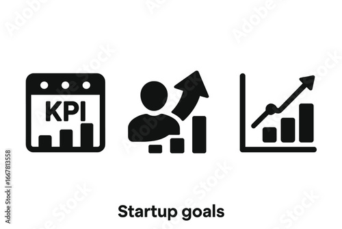 Startup goals icon set with KPI dashboard, user growth arrow, revenue chart, solid filled business metrics vector illustration on transparent background