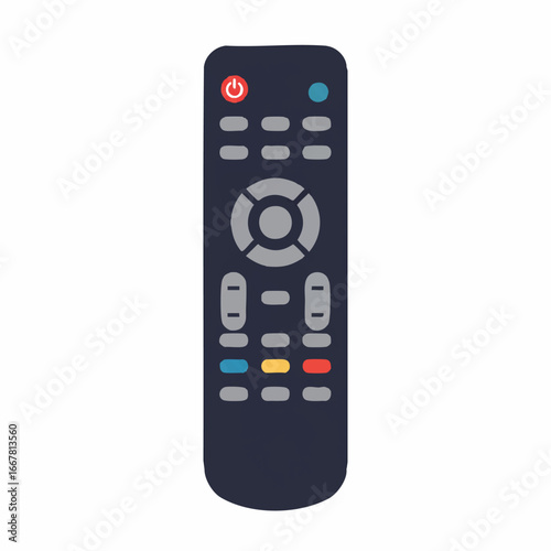 A minimalist 2D flat vector illustration depicts a generic, solid-colored remote control with a few simple buttons, isolated on a clean white background, conveying modern technology and connectivity.