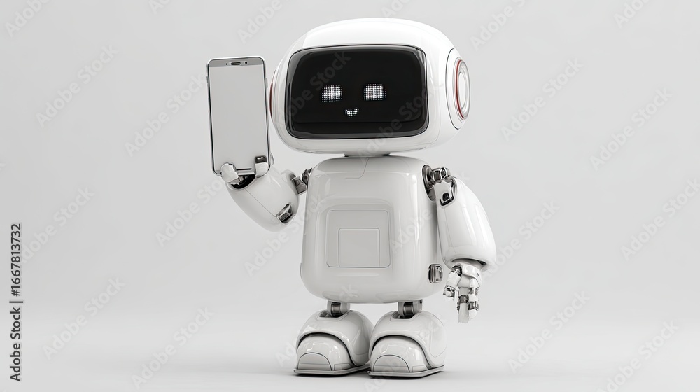 Fototapeta premium White robot holding a phone