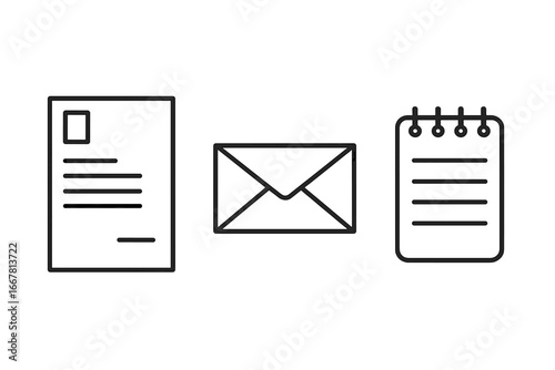 Stationery icon set, outline style stationery and collateral design including letterhead template, envelope, and notepad icons, vector illustration on transparent background