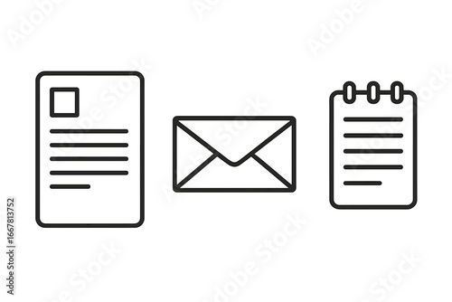 Stationery Icon Set with Outline Style, Includes Letterhead Template, Envelope, and Notepad Vector Illustrations, Office & Business Collateral Design Elements on Transparent Background