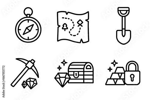 Treasure hunter tools icons set including compass, map with route, shovel, pickaxe with gems, treasure chest, gold bars with lock, outline vector illustration transparent background