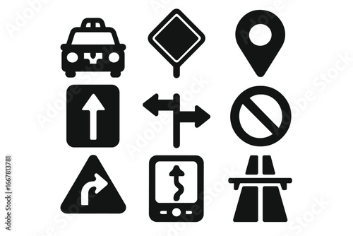 Transportation silhouette icon set with taxi, road signs, navigation symbols, arrows, GPS, and highway vector collection, solid style, cartoon illustration, transparent background