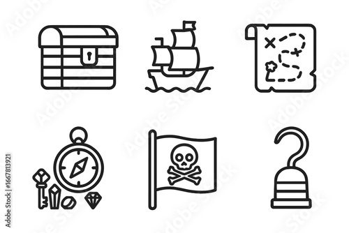 Treasure icons grid outline set including treasure chest, pirate ship, compass, treasure map, key, jewels, pirate flag, hook; treasure exploration vector illustration
