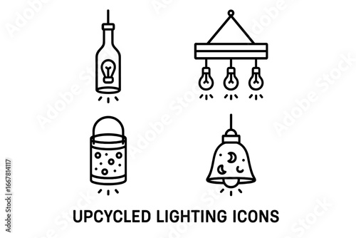 Upcycled Lighting Icons Set, Outline Vector Illustration of Eco-Friendly Recycled Bottle Pendant Light, Pallet Wood Chandelier, Tin Can Lantern, Sustainable Home Decor