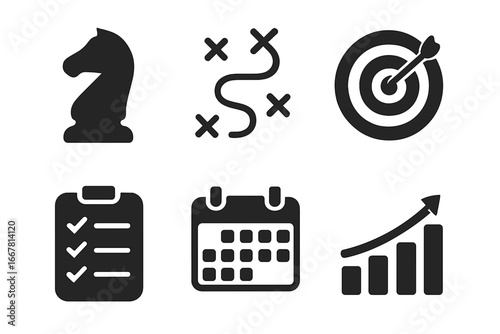 Strategic Planning Icons Set with Chess Knight, Roadmap, Target, Checklist, Calendar, Growth Chart, and Business Development Symbols Vector Illustration on Transparent Background
