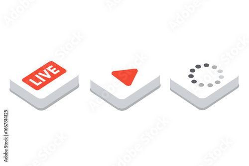 Isometric Flat Streaming Platform Icons Set with Live Stream Button, Play Symbol, and Buffering Loading Circle, Digital Media Interface Vector Illustration on Transparent Background
