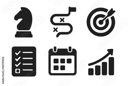 Strategic Planning Icons Set, Solid Filled Vector Illustrations with Chess Knight, Roadmap, Target, Checklist, Calendar, Growth Chart for Business Success