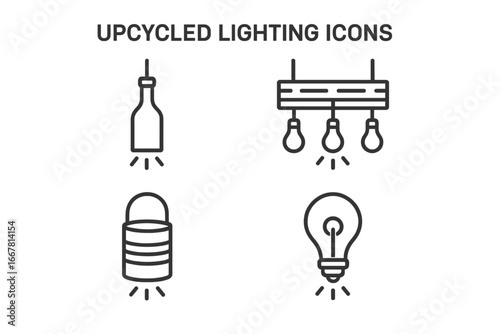 Upcycled Lighting Icons Set of 4 Outline Vector Illustrations of Eco-Friendly Bottle Pendant Light, Pallet Wood Chandelier, Tin Can Lantern, Sustainable Recycled Light Fixtures