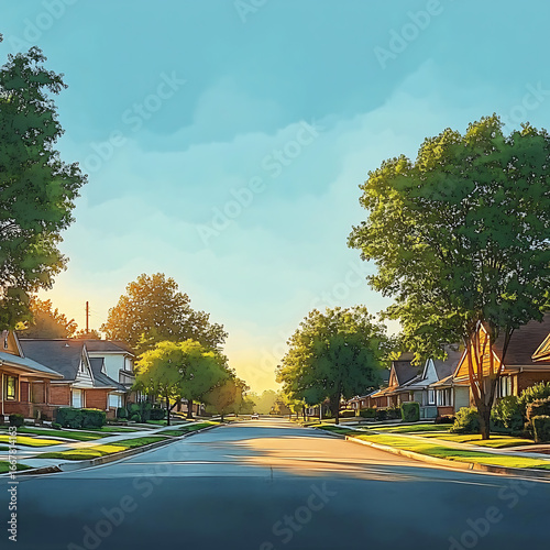 Serene suburban neighborhood at sunset with warm light illuminating the curved street
