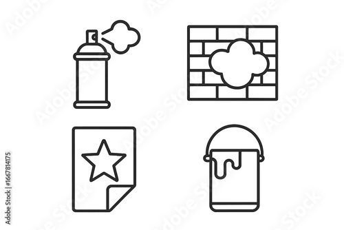 Street Art Icons Outline Set, Spray Paint Can, Graffiti Mural Wall, Stencil Design, Paint Bucket Illustration for Urban Art and Street Culture Festival Vector