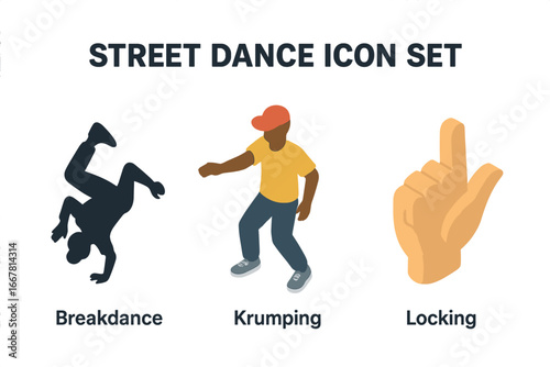 Isometric Flat Street Dance Icon Set with Breakdance Silhouette, Krumping Dancer, Locking Hand Gesture – Urban Dance Styles Vector Illustration