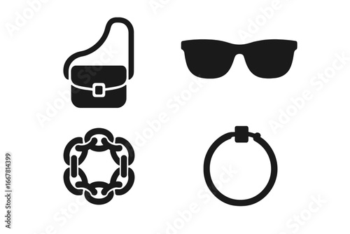 Street Fashion Icons Solid Filled Vector Set of Trendy Accessories Crossbody Bag Sunglasses Chain Necklace Hoop Earring Stylish Urban Style Transparent Background