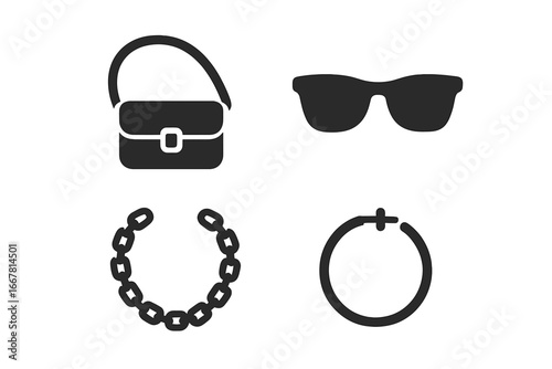 Solid street fashion icons set with trendy crossbody bag, stylish sunglasses, chunky chain necklace, and classic hoop earring vector illustration on transparent background