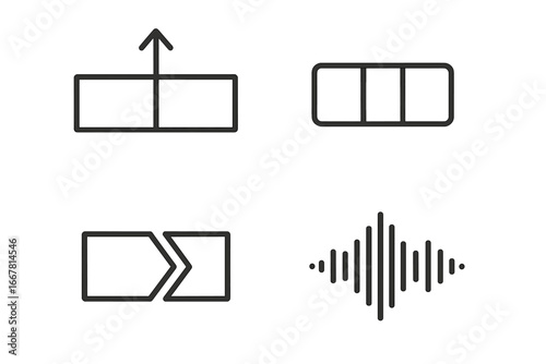 Video editing icons outline set of 4, timeline playhead marker, clip segment, transition arrow, audio wave, vector illustration, digital media, multimedia design elements