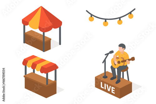 Isometric Street Food Festival Icons Set with Colorful Festival Tents, Food Stalls, String Lights, and Live Music Performer for Outdoor Event Design Vector Illustration