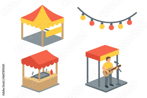 Isometric Street Food Festival Icons Set with Colorful Festival Tent, String Lights, Food Stalls, and Live Music Stage Vector Illustration Transparent Scene