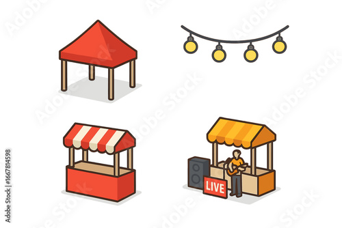 Street Food Festival Icons Set, Isometric Flat Design of Festival Tent, String Lights, Food Stalls, Live Music Scene, Outdoor Market, Event Decoration, Vector Illustration