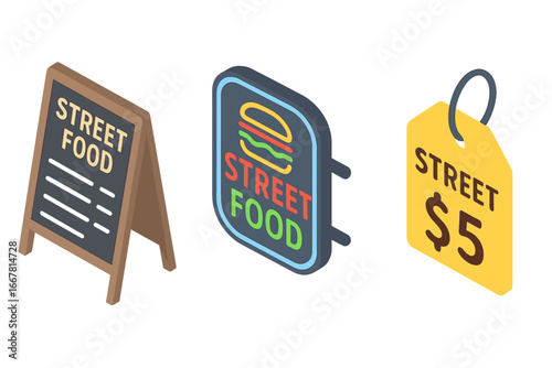 Isometric Street Food Icon Set with Chalkboard Menu, Neon Food Sign, Price Tag Label, Flat Vector Illustrations for Food Stall, Market, and Takeaway Advertising