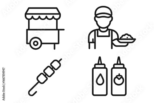 Street Food Vendor Icons Outline Set, Food Cart, Vendor Holding Plate, Skewer, Condiment Bottles, Urban Food Stall, Mobile Cuisine, Takeaway Food Vector Illustration