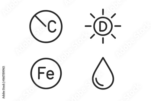 Essential Vitamins and Minerals Outline Icon Set, Vitamin C Tablet, Vitamin D Sunlight, Iron Element, Water Drop Symbol, Healthy Nutrients Vector Illustration