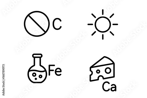 Essential Vitamin and Mineral Icons Set. Outline vector illustrations of Vitamin C tablet, Vitamin D sunshine, Iron flask, and Calcium cheese wedge for health and nutrition concepts