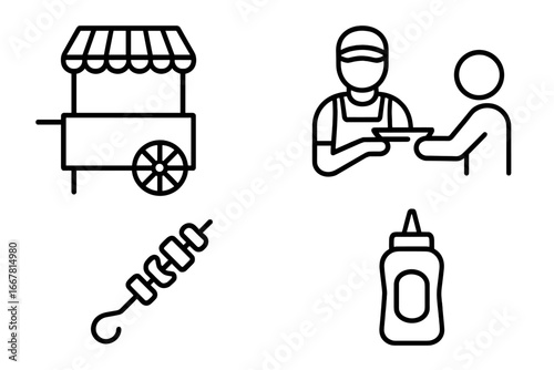 Street food vendor icons set with food cart, vendor handing plate, skewer, and condiment bottle in outline style, urban market food stall vector illustration on transparent background