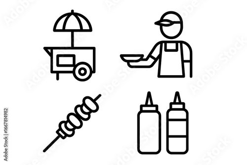 Street Food Vendor Icons Outline Set of Urban Food Cart Vendor Serving Plate Skewer Condiment Sauce Bottles Vector Illustration Transparent