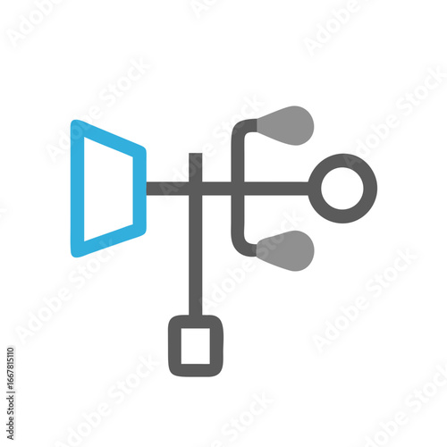 A simple and clean iconographic illustration of a wind speed and direction meter on a black background