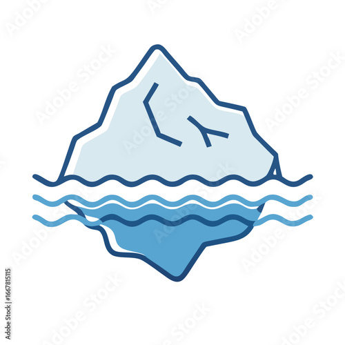 Minimalist iceberg illustration with ocean waves against a black background emphasizing climate change issues