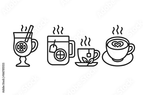 Warm beverage icons set, outline vector illustration of mulled wine glass with cinnamon, spiced cider mug with tea bag, herbal tea cup with leaves, latte art coffee cup with heart
