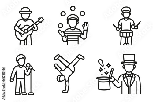 Street performer icons outline set including guitarist, juggler, mime artist, drummer, singer, breakdancer, magician vector illustration on transparent background