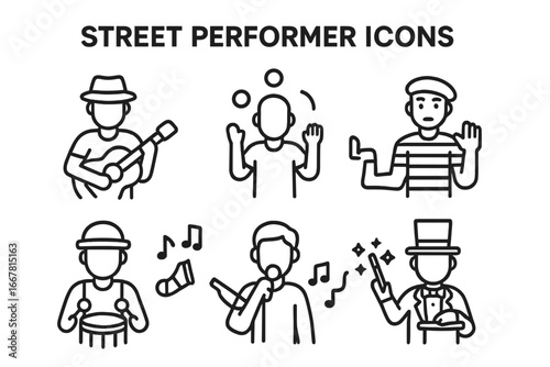 Street Performer Icon Set, Outline Vector Graphics of Guitarist, Juggler, Mime, Drummer, Singer, Magician Performing Arts Symbols, Urban Entertainment Design