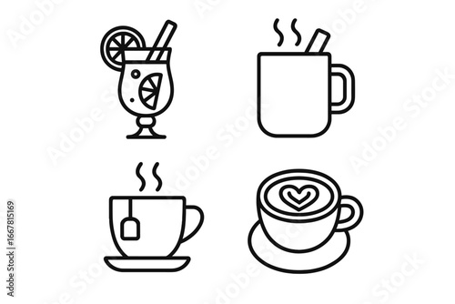 Warm beverage icons outline set of 4 including mulled wine glass, spiced cider mug, herbal tea cup with tea bag, latte art cup with heart design, cozy hot drinks vector illustration