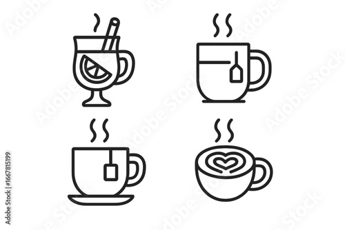 Warm Beverage Icons Set, Outline Style, 4 Hot Drink Vectors Including Mulled Wine Glass, Spiced Cider Mug, Herbal Tea Cup, Latte Art Coffee, Cozy Hot Drinks Collection