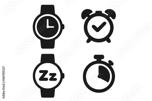 Watch silhouette icon set with time, alarm, sleep, and timer symbols in bold vector cartoon style for time management and daily routine concepts
