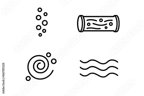 Water flow icon set with bubbles, rising bubbles, laminar flow tube, eddy swirl, and water current. Outline vector illustration of fluid dynamics, streams, and movement symbols.