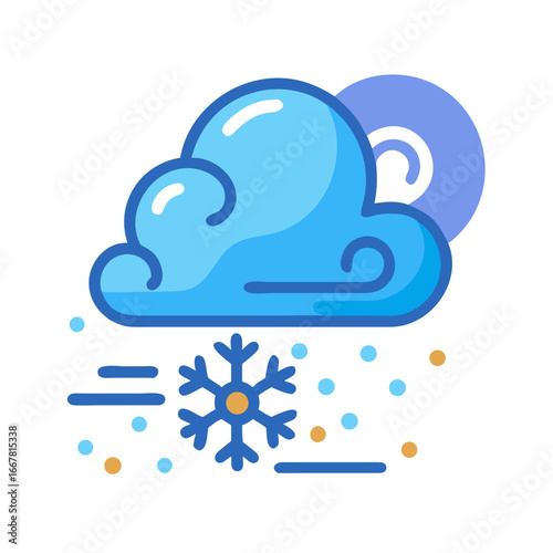 A stylized winter weather icon depicting a snow cloud with falling snowflakes and a moon