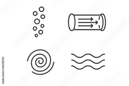 Water flow icon set outline collection featuring rising bubbles, laminar flow tube with arrows, swirling eddy spiral, and flowing water current wave line vector illustration