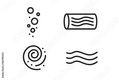 Water Flow Icon Set, Outline Vector Illustrations of Bubble Streams, Rising Bubbles, Laminar Flow Tube, Eddy Swirl, and Water Current Symbols on Transparent Background for Design